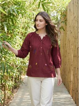 ZNKL - Maroon Women Cotton Embroidered Round Neck A Line Fit Top