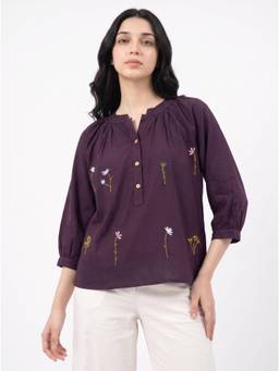 ZNKL - Purple Women Cotton Embroidered Round Neck A Line Fit Top