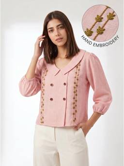 ZNKL - Pink Women Linen Blend Embroidered Collar Neck Regular Fit Top