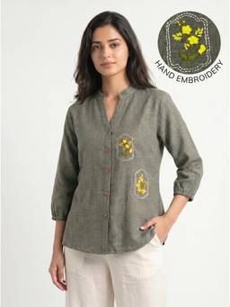 ZNKL - Grey Women Linen Blend Embroidered Mandarin Neck A Line Fit Shirt