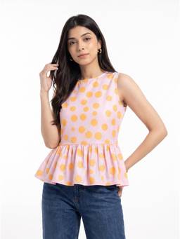 ZNKL - Pink Women Polyester Polka Dots Pleated Round Neck Regular Fit Top