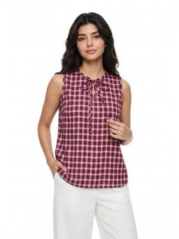 ZNKL - Maroon Women Polyester Checks Tie Up Neck Regular Fit Top