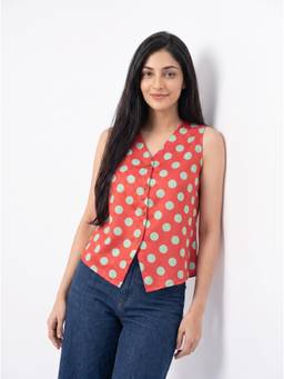 ZNKL - Coral Women Polyester Polka Dots V Neck Regular Fit Vests And Tank Top