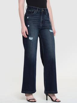 Xpose - Women Navy Blue High Rise Vintage Wide Leg Jeans