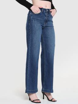 Xpose - Women Navy Blue High Rise Vintage Wide Leg Jeans