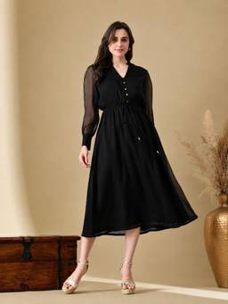 Ikonic Klaer - Women Black Solid V Neck Tie Up Waist Fit And Flare Midi Dress