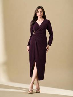 Ikonic Klaer - Women Plum Purple V Neck Wrap Midi Dress With Gold Buckle