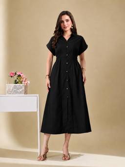 Ikonic Klaer - Women Black Solid Shirt Collar Fit And Flare Midi Dress