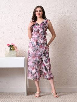 Ikonic Klaer - Multi Color Women Pink Floral Printed V Neck Ruffled Fit And Flare Midi Dress