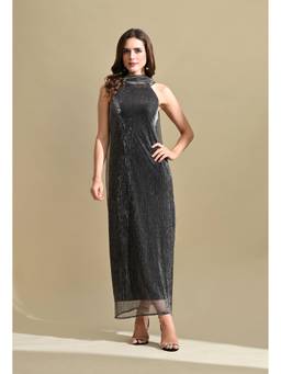 Ikonic Klaer - Grey Women Metallic Halter Neck Pleated Maxi Dress