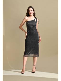 Ikonic Klaer - Grey Women Metallic One Shoulder Bodycon Midi Dress