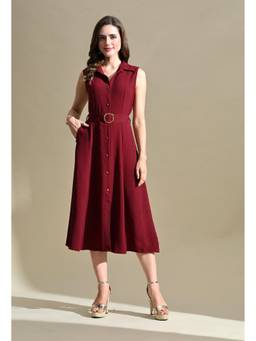 Ikonic Klaer - Maroon Women Solid Shirt Collar Belted Fit And Flare Midi Dress