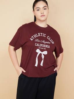 max - Burgundy Women Printed Boxy Fit T Shirt
