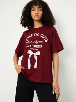 max - Maroon Women Printed Boxy Fit T Shirt