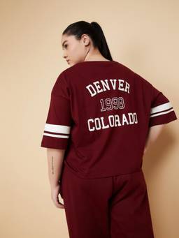 max - Maroon Women Printed Boxy Fit T Shirt