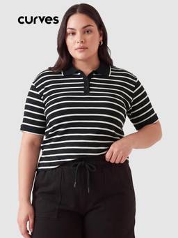 max - Black Women Striped Polo T Shirt