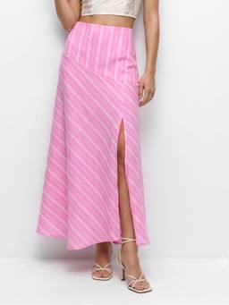 Outzidr - Pink Striped A Line Skirt