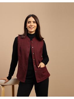 Fabindia - Maroon Wool Solid/Plain Mandarin Neck Nehru Jacket