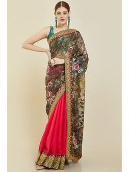 Soch - Women Multicolor Organza Floral Saree with Unstitched Blouse
