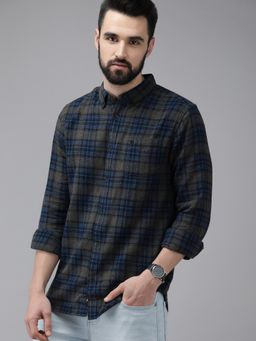 The Bear House - Men Blue Slim Fit Checked Fannel Casual Shirt