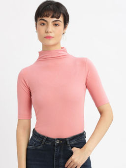 SHOWOFF - Women's High Neck Pink Solid T-Shirt