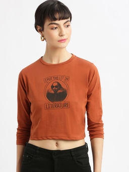 SHOWOFF - Women's Round Neck Brown Printed Crop T-Shirt