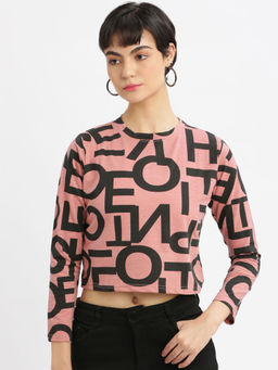 SHOWOFF - Women's Round Neck Pink Printed Crop T-Shirt