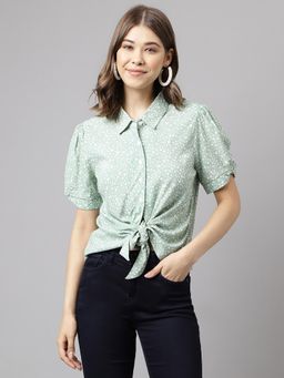 Latin Quarters - Green Puff Sleeve Collar Neck Casual Printed Shirt