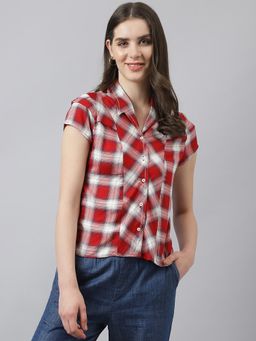 Latin Quarters - Red Cap Sleeves Collar Neck Casual Check Shirt