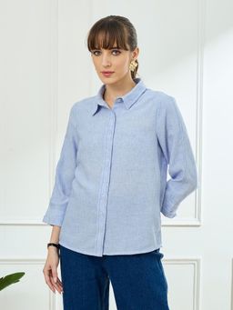Latin Quarters - Blue Three Fourth Sleeves Collar Neck Casual Solid Shirt