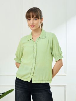 Latin Quarters - Green Puff Sleeves Collar Neck Casual Solid Shirt
