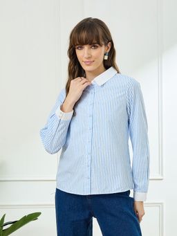 Latin Quarters - Blue Full Sleeves Collar Neck Casual Stripes Shirt