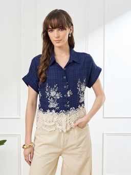 Latin Quarters - Blue Half Sleeves Collar Neck Casual Embroidery Shirt