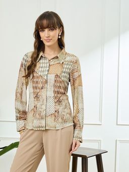 Latin Quarters - Beige Full Sleeves Collar Neck Casual Printed Shirt