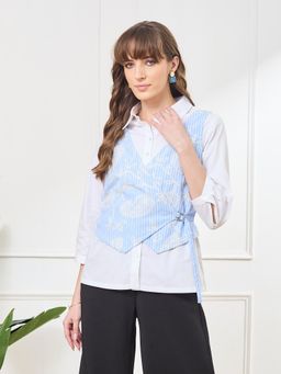 Latin Quarters - Blue Three Fourth Sleeves Collar Neck Casual Embroidery Shirt