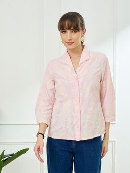 Latin Quarters - Pink Three Fourth Sleeves Collar Neck Casual Embroidery Shirt