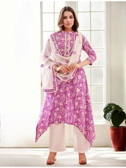 Gahan - Cotton Abstract Floral Printed with Lace Lavender A-Line Kurta Pant & Dupatta (Set of 3)