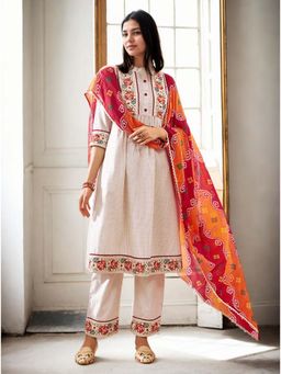 Gahan - Cotton Blend Floral Embroidered Cream Anarkali Pant & Bandhani Dupatta (Set of 3)
