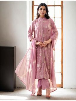 Gahan - Cotton Floral Thread Work Embroidered Mauve Kurta Pant & Tie-Dye Dupatta (Set of 3)
