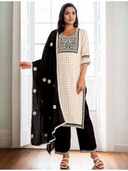Gahan - Cotton Blend Yoke Floral Embroidered with Lace Off White Kurta Pant & Dupatta (Set of 3)