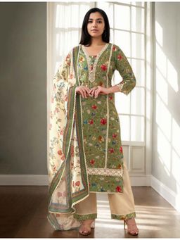 Gahan - Cotton Floral Embroidered with Lace Embellished Green Kurta Pant & Dupatta (Set of 3)