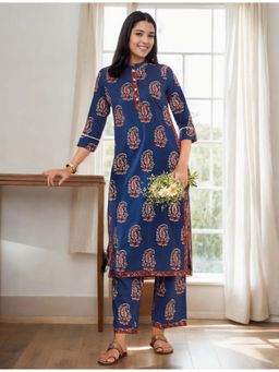 Gahan - Cotton Paisley Motif Block Printed Navy Blue Kurta & Palazzo Co-Ord (Set of 2)