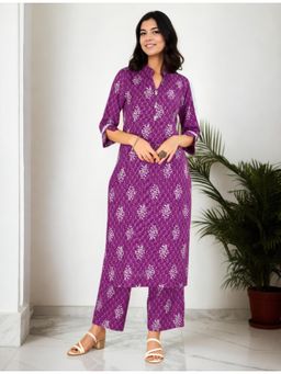 Gahan - Cotton Floral Block Printed Purple Kurta & Pant Co-Ord (Set of 2)
