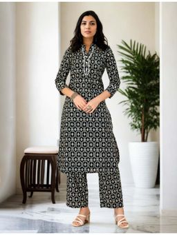Gahan - Cotton Ikat Printed with Lace Black Kurta & Pant Co-Ord (Set of 2)