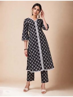 Gahan - Cotton Ethnic Motif Printed with Lace Black A-Line Kurta & Pant Co-Ord (Set of 2)
