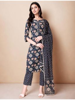 Gahan - Cotton Floral Printed with Lace Navy Blue Kurta Pant & Printed Dupatta (Set of 3)