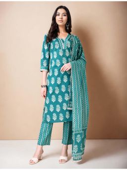 Gahan - Cotton Floral Printed with Lace Green Kurta Pant & Printed Dupatta (Set of 3)