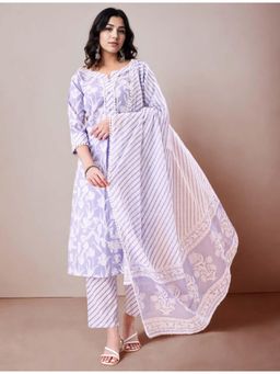 Gahan - Cotton Floral & Stripes Printed with Lace Lavender Kurta Pant & Dupatta (Set of 3)