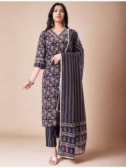 Gahan - Cotton Floral Printed with Lace Navy Blue Kurta Pant & Printed Dupatta (Set of 3)