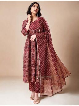 Gahan - Cotton Ethnic Motifs Printed with Lace Maroon Anarkali Pant & Printed Dupatta (Set of 3)
